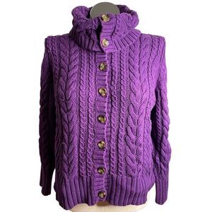 Lands’ End Womens Cable Knit Cardigan XL Petite Purple Royal Varsity Cottagecore